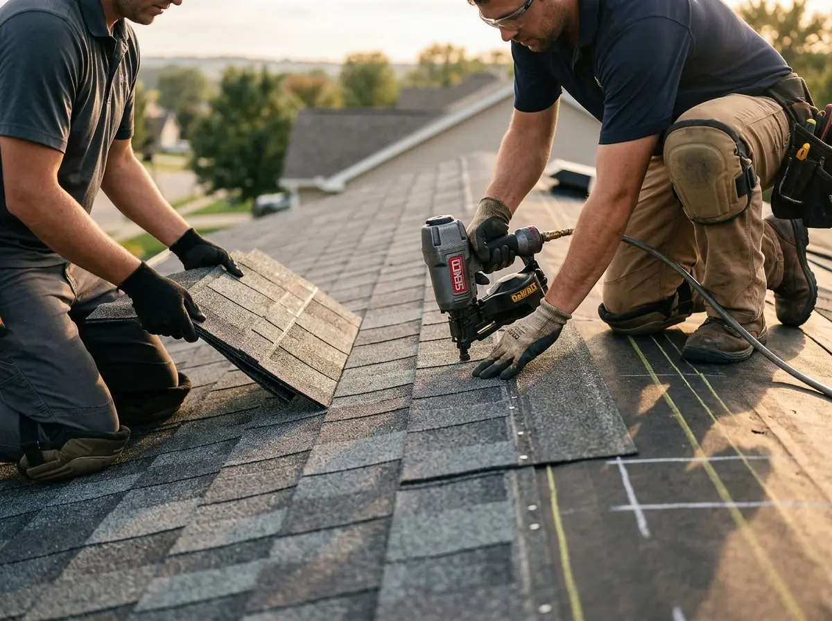 Professional roofer working on a residential roof in Marina